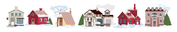 Desa modern rumah di musim dingin dingin cuaca dingin dan salju set vektor ilustrasi. Rumah keluarga kartun di snowdrifts, bangunan dan pondok-pondok dengan pohon-pohon di taman, jendela, atap dan latar belakang pintu. - Stok Vektor