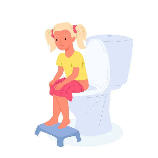Kislány ül a WC-n tál lábszárral, vicces gyerek töltenek időt WC-ben, mosdó — Stock Vector