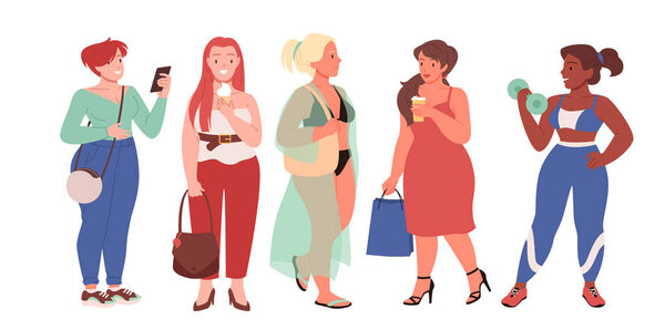 Vector illustration set of beautiful women, overweight and curvy girls, fashionable plus size woman