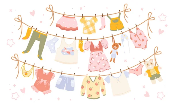 Cartoon-Baumwolle Kinderhosen, Socken, Kleid oder Shorts, niedlicher Babybody. Babykleidung hängt an Wäscheleine — Stockvektor