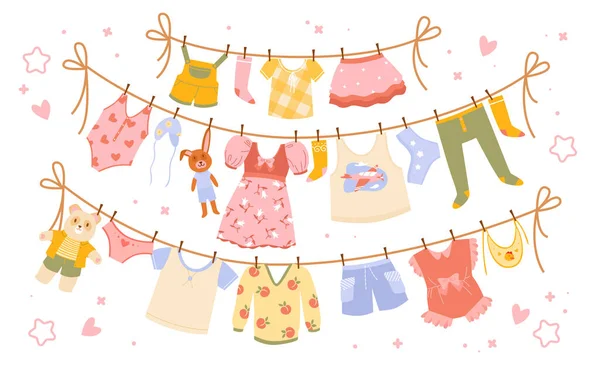 Babybekleidung hängt an Wäscheleinen, Baumwoll-Kinderhosen, niedlichen Socken, Kleid oder Shorts — Stockvektor