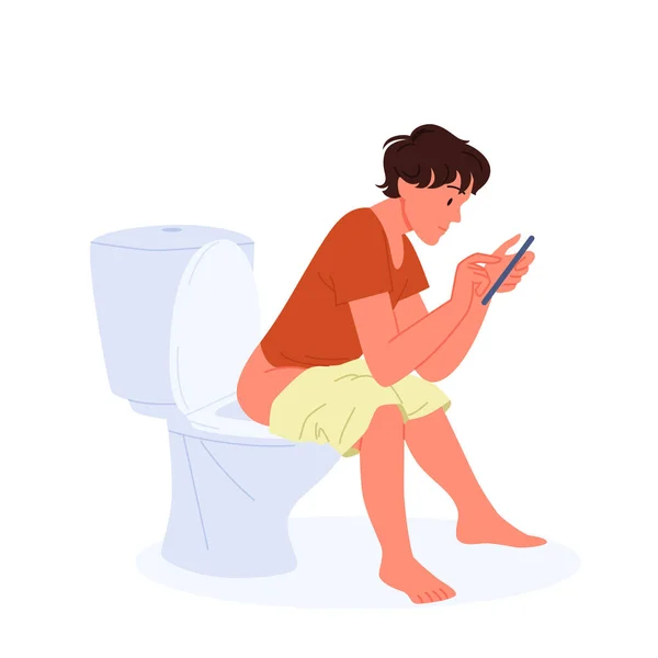 Jeune homme assis sur un bol de toilette avec smartphone, textos drôles de gars, en utilisant un téléphone mobile — Image vectorielle