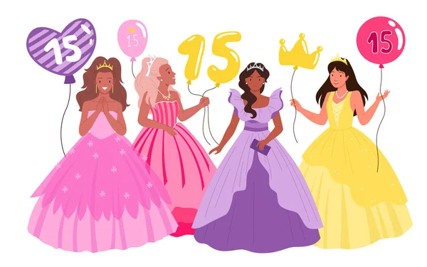 Tecknad tonåring kvinnliga karaktärer i lila eller rosa klänningar, prinsessa tiara och krona, hålla ballonger med nummer 15 isolerad på vitt. födelsedagsfest med vackra flickor vektor illustration. — Stock vektor