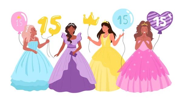 Quinceanera, verjaardagsfeest met mooie meisjes, tiener vrouwelijke personages in prinses jurken — Stockvector
