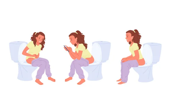 Mulher sentada em conjunto vaso sanitário, pessoa engraçada em casa de banho, usando telefone celular — Vetor de Stock