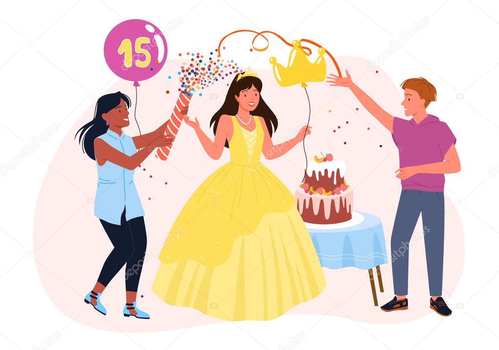 Cartoon beautiful girl in pink dress and friends celebrate with cake, boy holding balloons with number 15. Quinceanera concept. Birthday party celebration for fifteen princess.