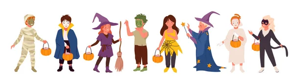 Jeu de caractères enfant fête Halloween, illustration vectorielle enfants heureux. Filles mignonnes garçons en costumes de monstre drôle traiter citrouille dans les mains sur Halloween vacances amusantes isolé sur blanc. — Image vectorielle