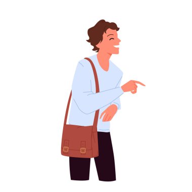 Neşeli genç sevimli çocuk yüksek sesle gülüyor ve parmakla işaret ediyor.