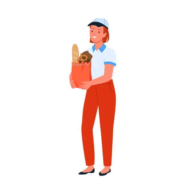 Panadería vendedor chica holding pack con pan — Vector de stock