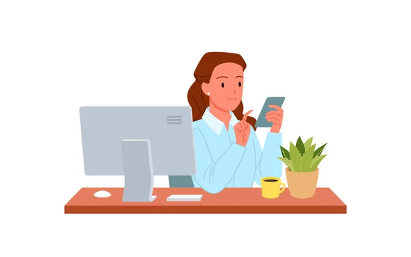Νεαρή γυναίκα κάθεται στον υπολογιστή χρησιμοποιώντας το τηλέφωνο — Διανυσματικό Αρχείο