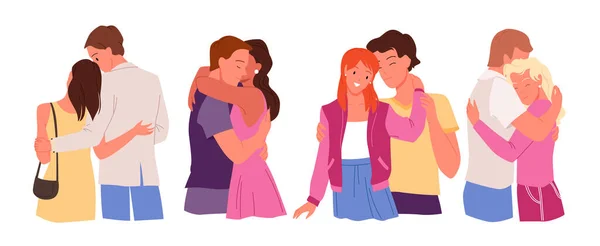 Conjunto de amantes de la pareja abrazándose cálidos entre sí — Vector de stock