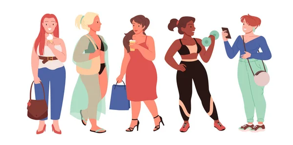 白人背景，身体积极的生活方式隔离的肥胖女士的特征 — 图库矢量图片