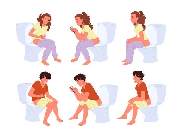 Les gens assis sur le plateau de cuvette de toilette, jeune homme et femme assis et pisser, en utilisant un smartphone — Image vectorielle