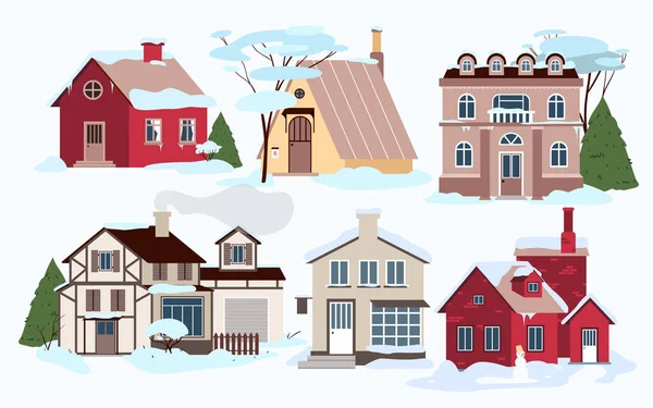 Moderne Dorfhäuser im Winter bei kaltem Wetter und Schnee, Einfamilienhäuser in Schneewehen — Stockvektor