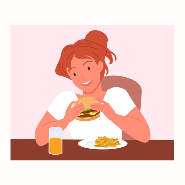 Woman eating burger and french fries at table, girl smiling, student holding fastfood — Stock Vector