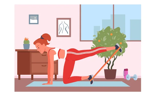 Hälsosam aktivitet, motion övningar av flicka hemma lägenhet, kvinna i outfit för träning — Stock vektor