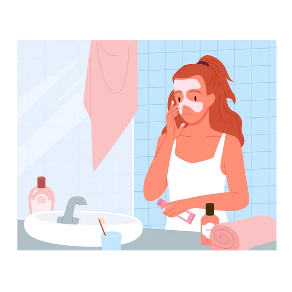 Femme nettoyage visage dans la routine de nettoyage quotidien dans la salle de bain à la maison, femme avec masque facial — Image vectorielle