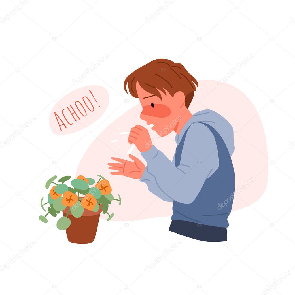 Sneeze and cough, allergic symptom in sick child, boy sneezing near flower in pot