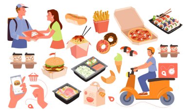 Yemek dağıtım mektupları, yemek servisi vektör çizimi. Fast food siparişi, dondurma, kahve, pizza, makarna, patates kızartması ve beyaz sosisli sandviç..