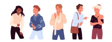 Neşeli pozitif gençler çizgi film vektör çizimleri yapıyorlar. Yüksek sesle gülen bir grup genç insan. Komik, komik ve komik bir havayla dalga geçmek ve gülmek..