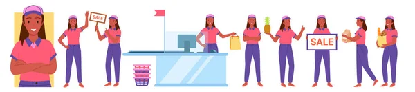 Supermarkt- oder Ladenangestellte am Arbeitsplatz, Frau in Uniform grüßt Menschen — Stockvektor