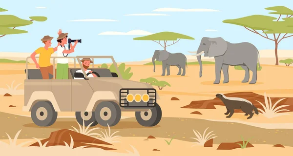 Personajes de la mujer del hombre de dibujos animados que viajan en jeep, viajeros que toman fotos de fondo de animales salvajes africanos. Safari aventura de viaje, tour en África sabana fauna paisaje vector ilustración. — Vector de stock