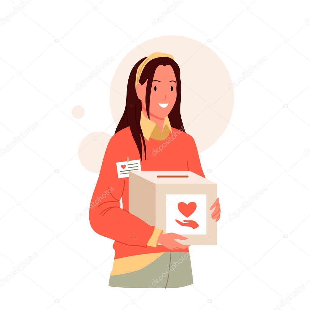 Female volunteer holding donation box with heart, girl giving help for poor people