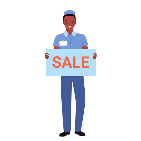 Man holding placard with sale text, person in uniform standing with paper sign board — Stock Vector