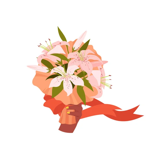 Hand hält Strauß mit Lilienknospen und roter Schleife, Arm mit romantischem Blumengeschenk — Stockvektor