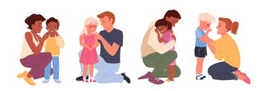 Ebeveyn bakımı ve çocukluk sorunları, çocuk destek anı ve duygusal rahatlama vektör çizimine yardımcı oluyor. Bir grup endişeli ebeveyn ağlayan çocukları sakinleştiriyor..