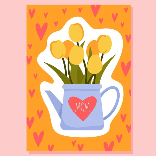 Tarjeta de felicitación del día de las madres con ramo de primavera, corazones rojos y lindo ramo de tulipanes — Vector de stock