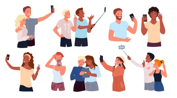 La gente sostiene el teléfono móvil para el juego de fotos selfie, jóvenes personajes felices fotografía — Vector de stock