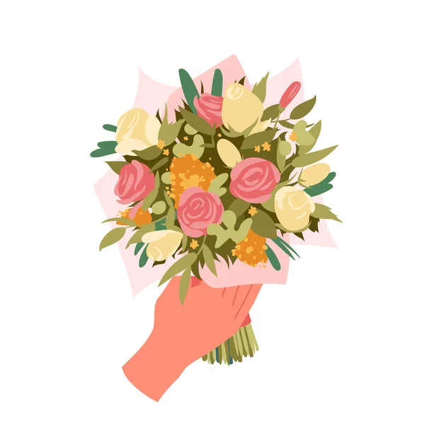 Bukiet z kwiatami, dłoń gospodarstwa elegancki prezent kwiatowy z białych i czerwonych róż, roślin — Wektor stockowy
