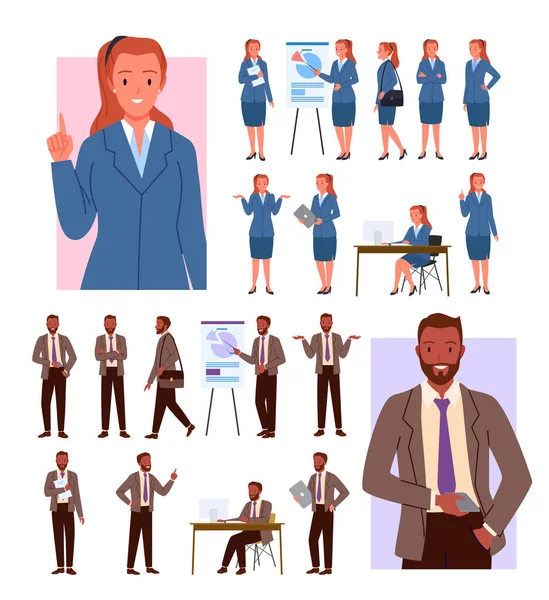 Мультфильм офисный персонаж показывает деловую презентацию на лекции, человек с бородой держит телефон и ноутбук, ходьба изолированы на белом. Бизнесвумен представляет набор векторных иллюстраций. — стоковый вектор