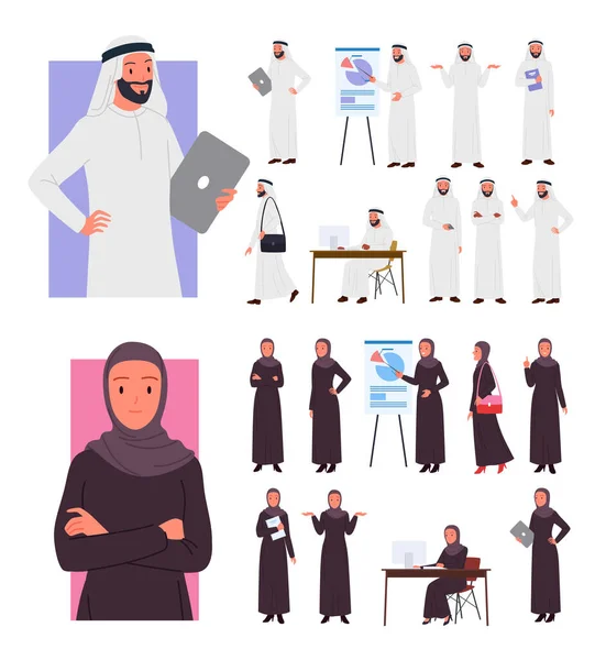 Donna d'affari saudita e uomo d'affari in diversi gesti e pose, donna e uomo — Vettoriale Stock