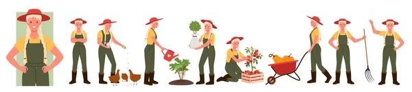 Lindo agricultor femenino que trabaja en el conjunto de jardín de la granja, mujer alimentación de pollo, planta de riego — Vector de stock