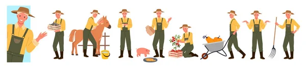 Сільськогосподарські роботи фермера, людина в капелюсі годує тварин, тримає кошик з врожаєм — стоковий вектор