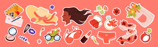 Stickers beauté pour ensemble fille, appliques tendance et collection de symboles féminins avec des fleurs — Image vectorielle