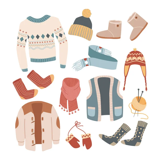 Μαλλί ρούχα για τη χειμερινή περίοδο που, ζεστό μάλλινο πουλόβερ μαντήλι κασκόλ καπέλο jumper γάντια — Διανυσματικό Αρχείο