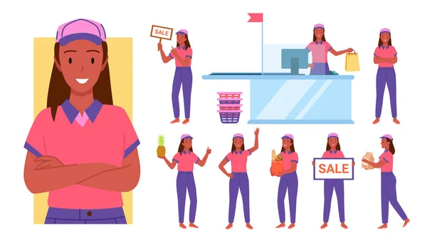 Állítsa be az afro-amerikai eladó lány a boltban dolgozik pózol — Stock Vector