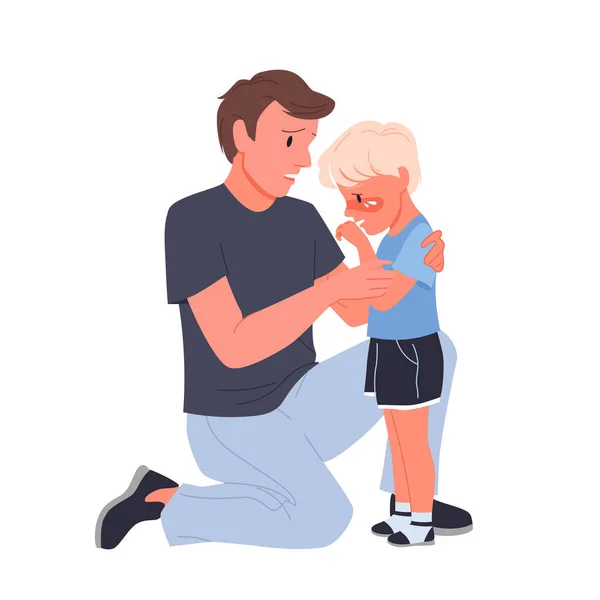 Alarmado padre calmando y consolando a su pequeño niño llorando — Vector de stock