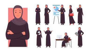 Suudi kadın ofis çalışanı poz veriyor, Müslüman cüppeli ve tesettürlü Arap kadın