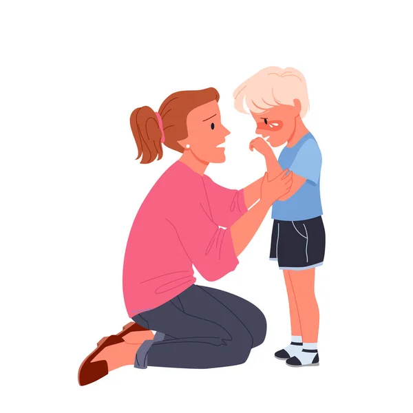 Scena di madre che calma il suo piccolo ragazzo che piange sconvolto — Vettoriale Stock