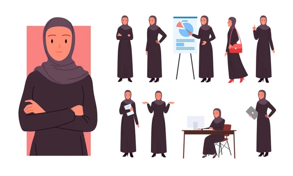 Mujer saudita oficinista personaje plantea conjunto, mujer árabe en túnica musulmana y hiyab — Vector de stock