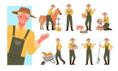 Çiftlikte çalışan gülümseyen çiftçi pozları.