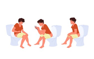 Adam tuvalette oturuyor, erkek karakter akıllı telefon kullanıyor, mide ağrısı çekiyor.