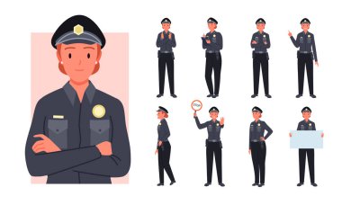 Polis memuru poz veriyor, işçi bileti, dur işareti ve boş pankart.