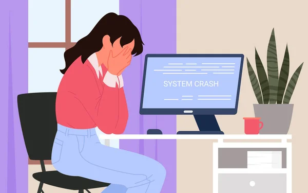 Vrouwelijke kantoormedewerker huilt op fout systeem crash — Stockvector