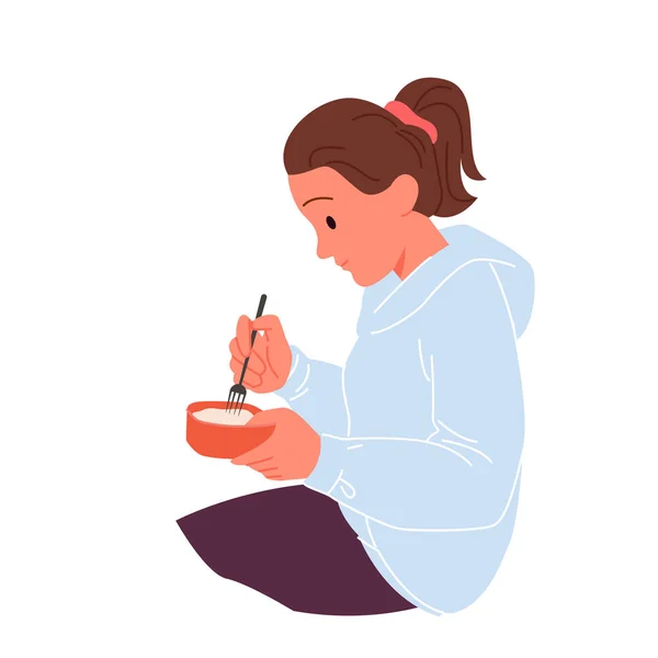 Mädchen isst frisches Essen aus Lunchbox, hungriger Teenager sitzt allein mit rotem Behälter — Stockvektor