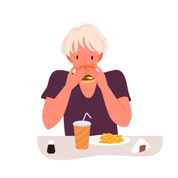 Голодна дівчина їсть бургер у ресторані швидкого харчування або кафе, молода людина з нездоровою дієтою — стоковий вектор